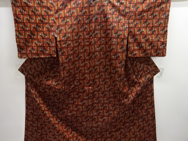 JAPANESE KIMONO / ANTIQUE ABSTRACT FLORAL PATTERN WOVEN TSUMUGI KIMONO